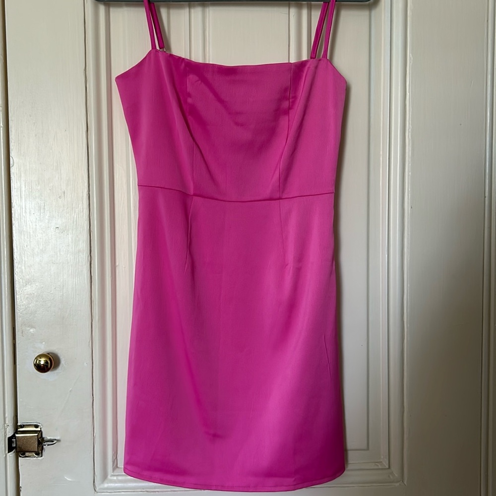 Hot Pink Satin Square Neck Mini Dress